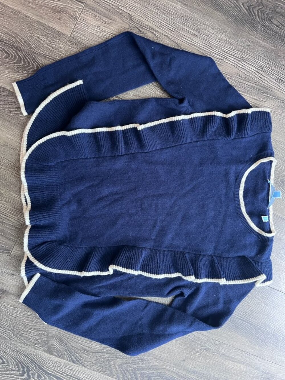 Draper James Navy Ruffle Sweater Small Contrast Trim